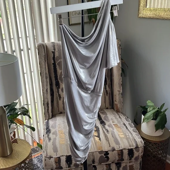 Shiny Silver Off Shoulder O-ring Mini Dress - Picture 3 of 6
